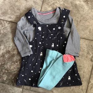 M&S dress overalls, bodysuit, & tights. 0-3 mo.